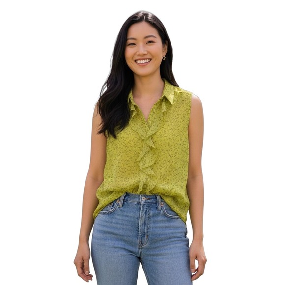 Cabi Sleeveless Ruffle Front Top Women's Size L Yellow Animal Print - Picture 1 of 9